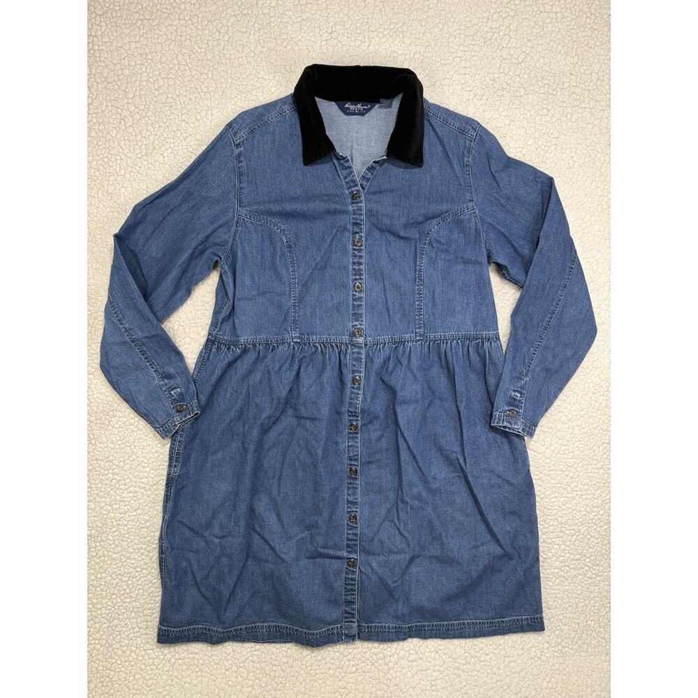 Vtg Eddie Bauer Denim Dress Velvet Collar Long Sleeve Button Size L Tall Pockets